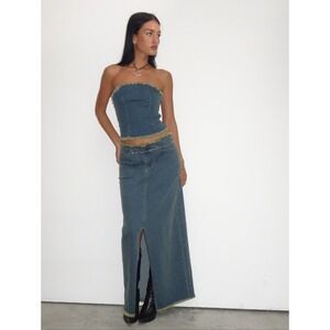 Motel Rocks Zaenap Denim Maxi Skirt Size S Brown Blue Acid Wash Raw Hem Y2K